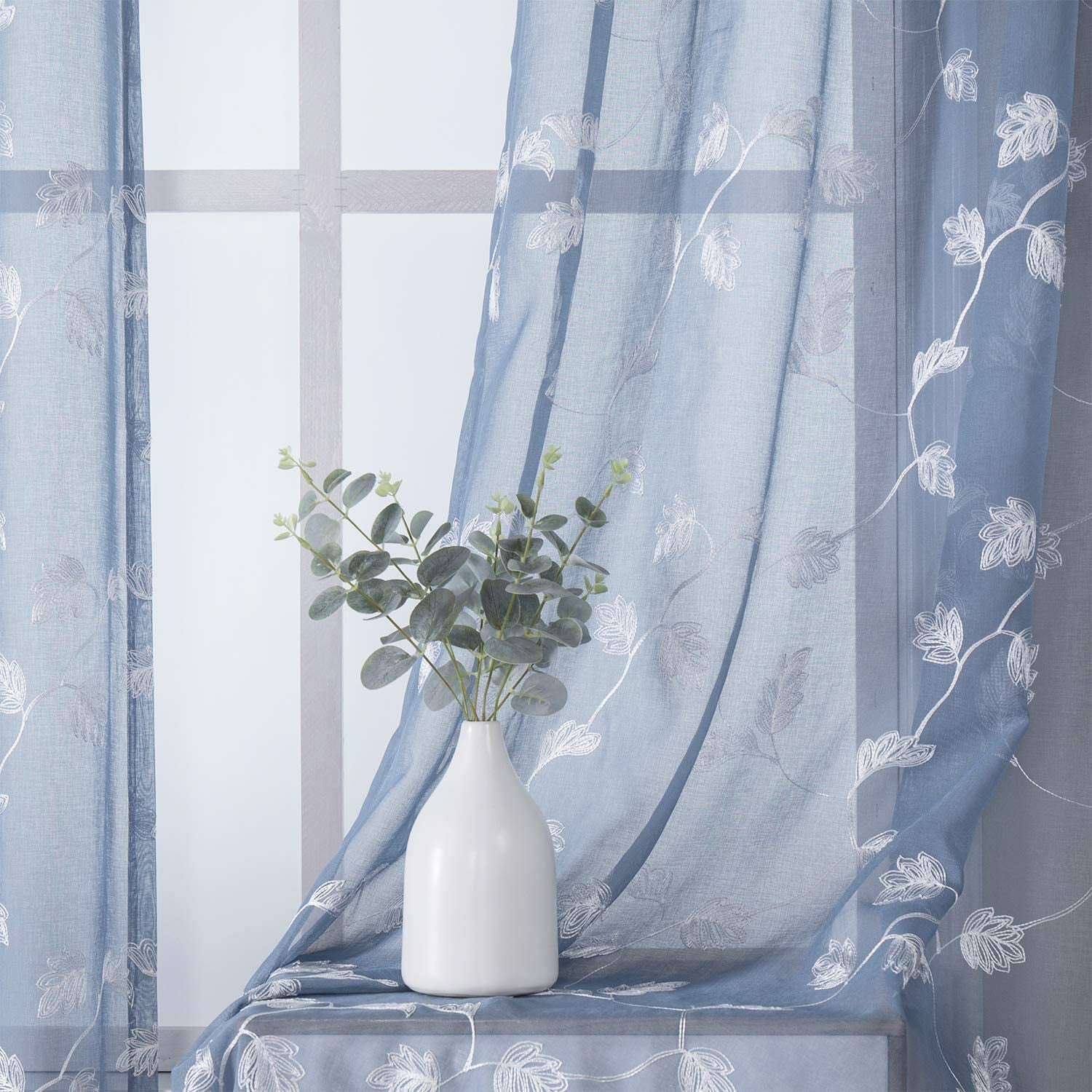 Dusty Blue Sheer Curtains with White Embroidery, Floral Leaf Embroidered Sheer Window Curtains