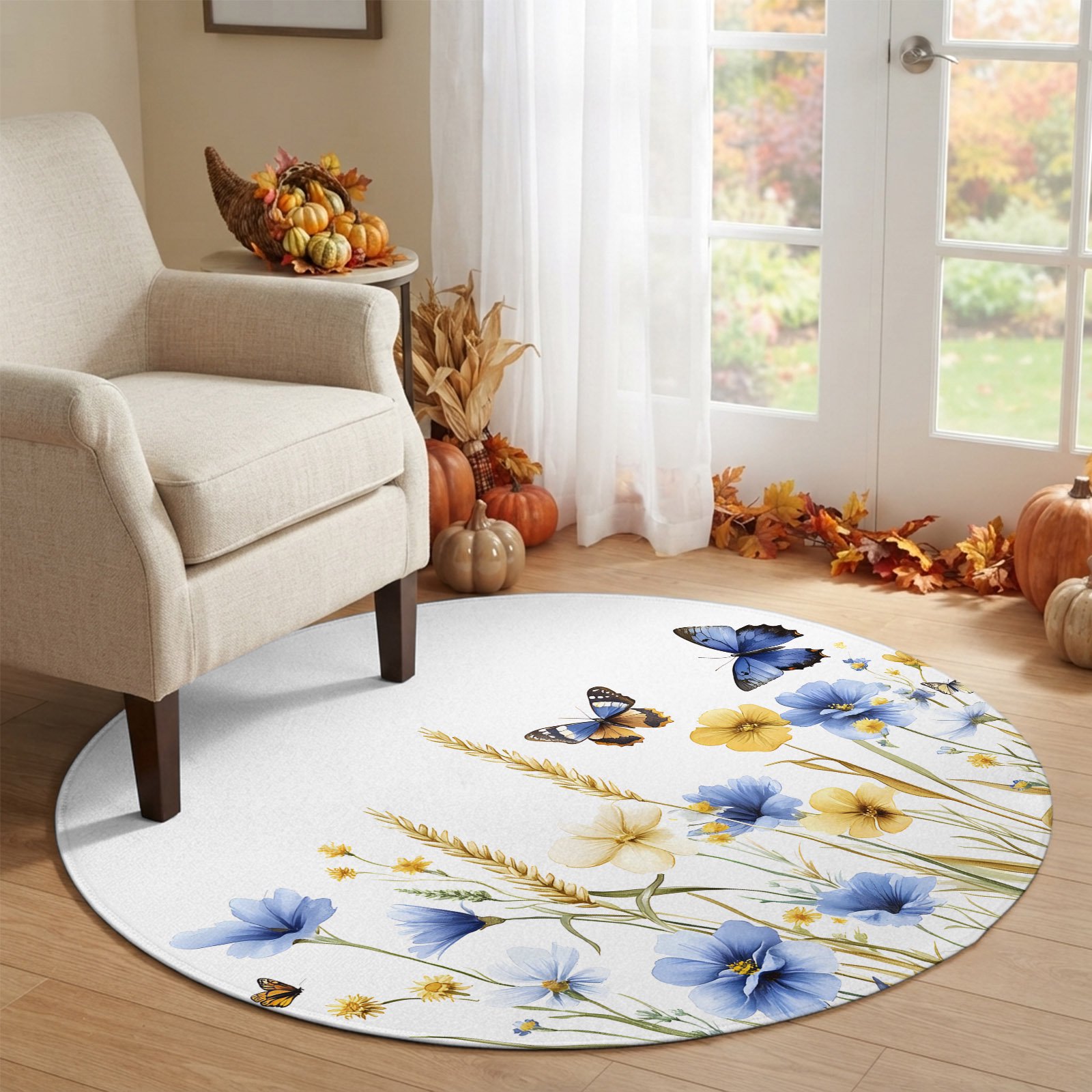 Round Area Rug 5ft Farm Flowers Butterflies Non-Shedding Washable Area Rug Watercolor Yellow Blue Floral Non Slip Low-Profile Circle Rugs for Living Room Bedroom Dining Room