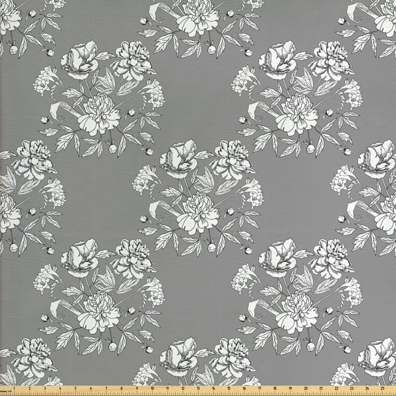 Vintage Fabric by the Yard, Continuous Greyscale Pattern with Delicate Wild Flowers Pansy Floral Nostalgia, Decorative Upholstery Fabric for Chairs & Home Accents, Grey and White by Ambesonne