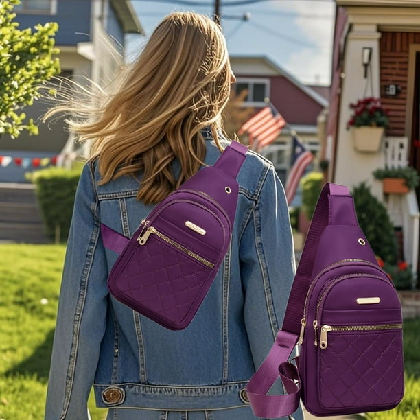 Bolsa de pecho de viaje Cabestrilla de gran capacidad para mujer – Mochila delantera de tela impermeable con carga USB, bolsillo antirrobo, correa transpirable, morada, 11,8x6,7x6,3 pulgadas