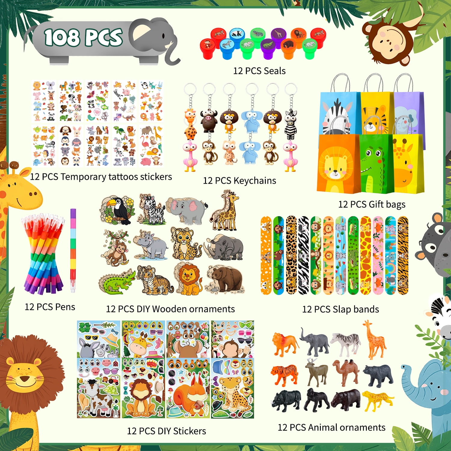 108Pcs Animals Party Favors,  Animals Birthday Favors Set- Animals Goodie Bags Key Chains Stickers Diy Wooden Ornaments etc Animals Party Supplies for Animals Birthday Decorations