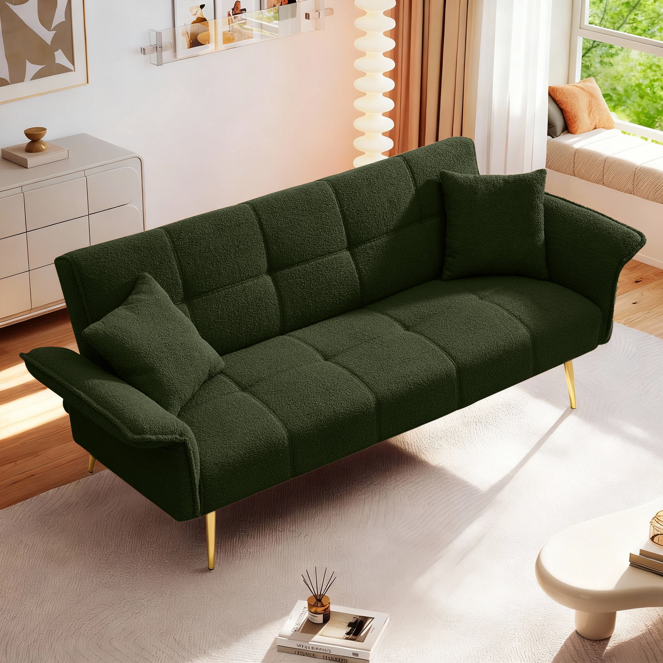 Aukfa 79" Teddy Fleece Convertible Futon Sofa Bed, 3-Position Adjustable Armrests, 2 Pillows, Green