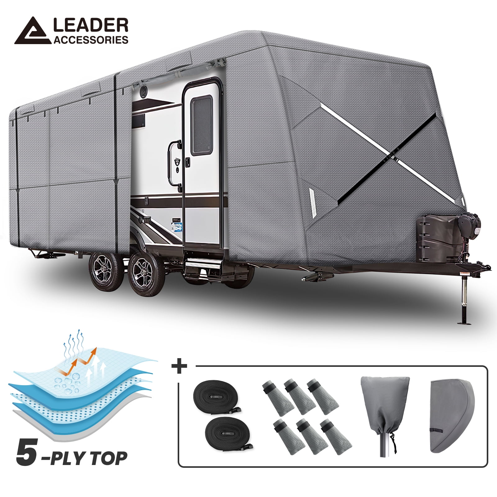 Leader Accessories Travel Trailer RV Cover Fits 27-30 Camper White 3 Layer Top with All Weather With Windproof Straps and Buckles & Adhesive Repair Patch 
