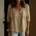 thumbnail image 5 of Women's Cotton Linen V Neck Blouse Casual 3/4 Sleeve Babydoll Pleated T Shirts Summer Boho Relaxed Fit Vacation Tunic Tops Khaki M, 5 of 5