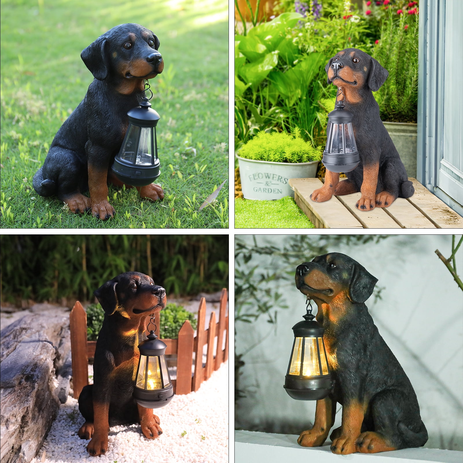 11.8 Inch Rottweiler Garden Statue with Solar Lantern – Lifelike Resin Statue, Decor for Patio, Lawn & Outdoor Spaces