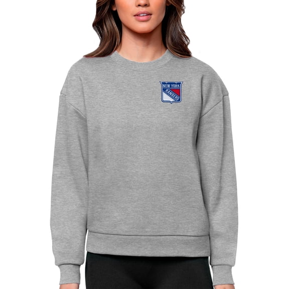 Women's Antigua Heather Gray New York Rangers Primary Logo Victory Crewneck Pullover Sweatshirt