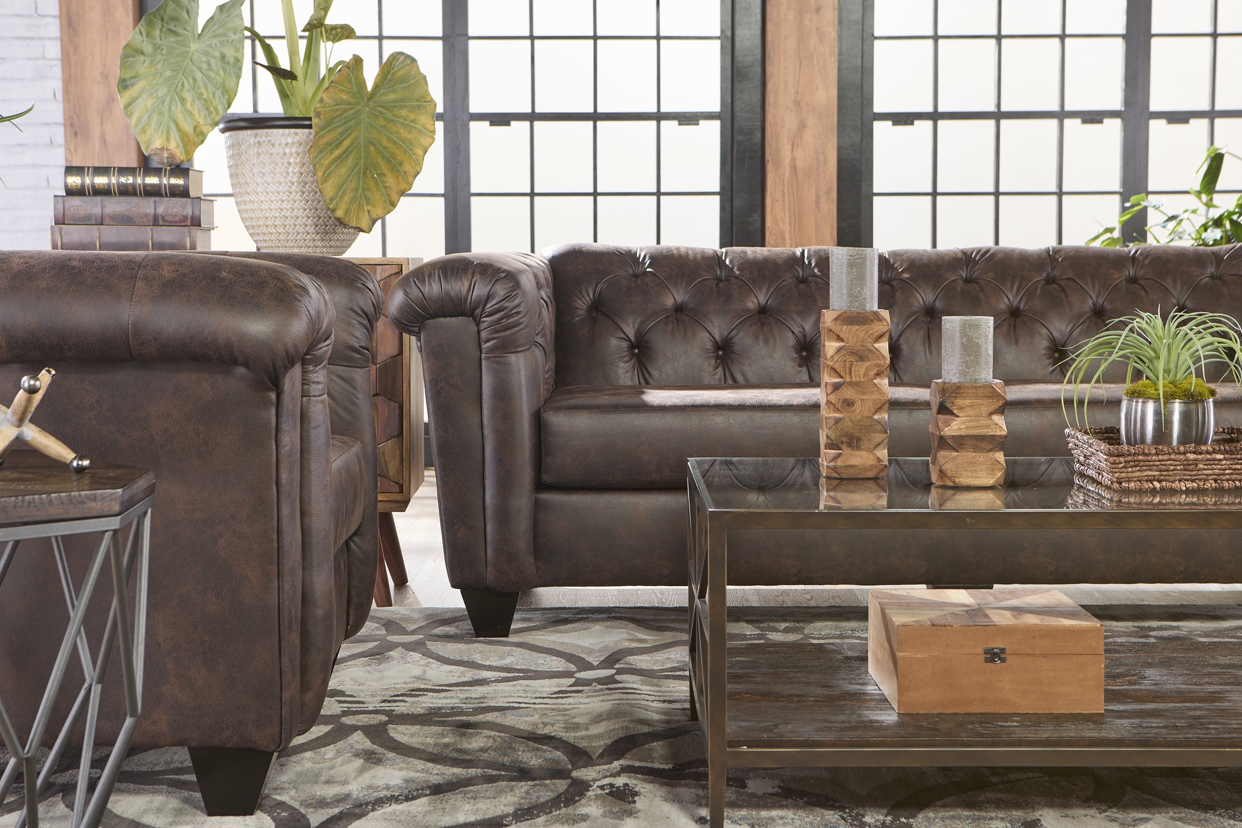 Roundhill Horton Faux Leather Chesterfield 3-Piece Living Room Set, Sofa Loveseat and Chair, Ridgeline Brownie