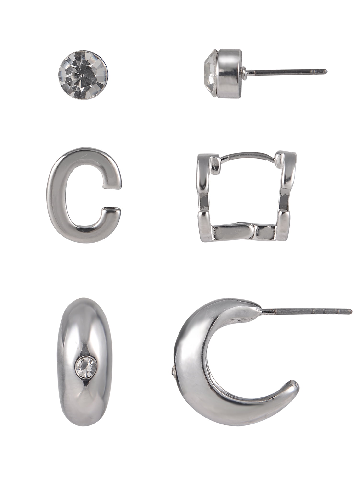 Time and Tru Silvertone 3-On Crystal Stud, Hoop, Initial "C" Earring Set