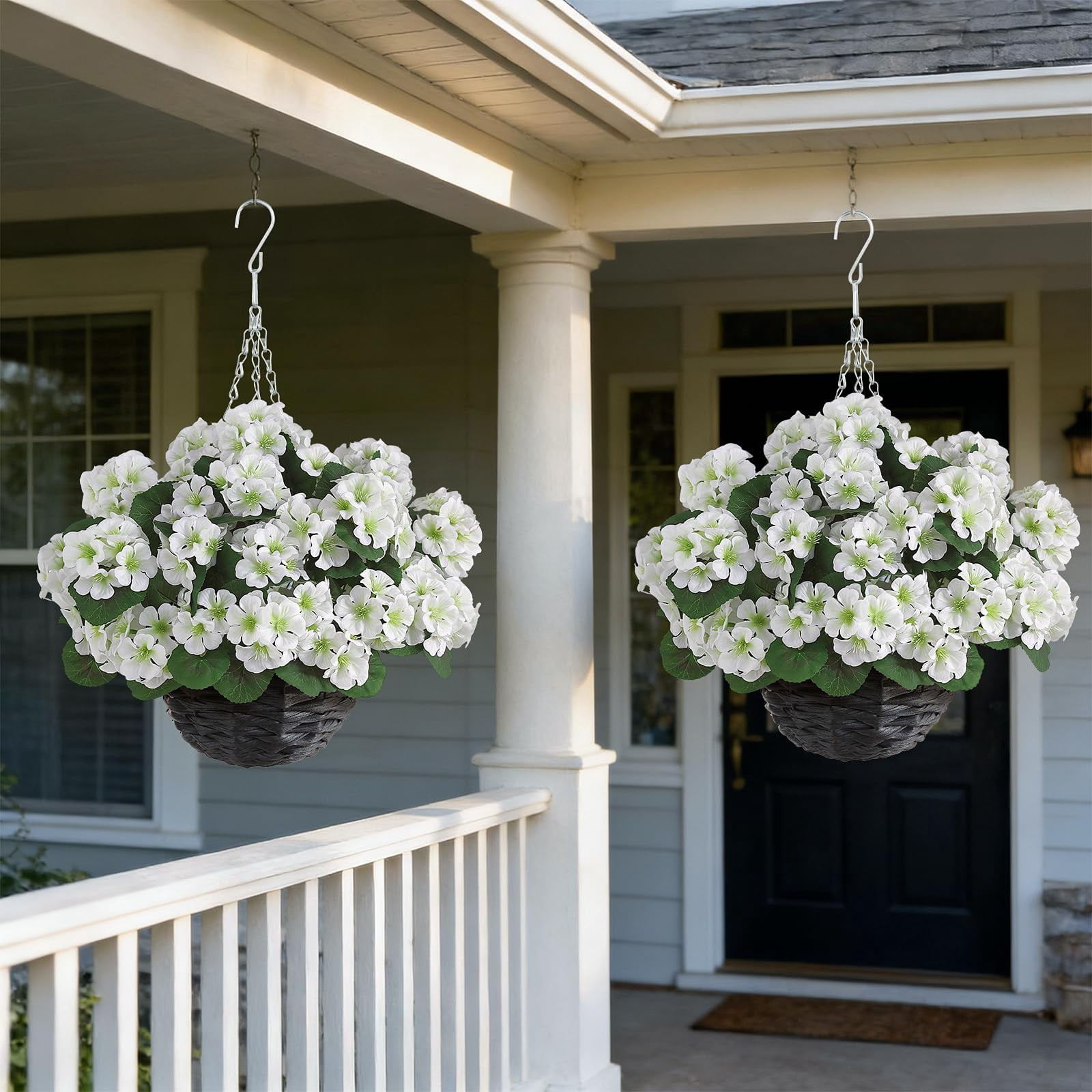 2 Set Artificial Geraniums Flowers with Hanging Baskets for Outdoors - Sun Resistant Silk with Geranium Flowers, Fake Hanging Planters for Front Porch Garden Patio Home Decor (Red)