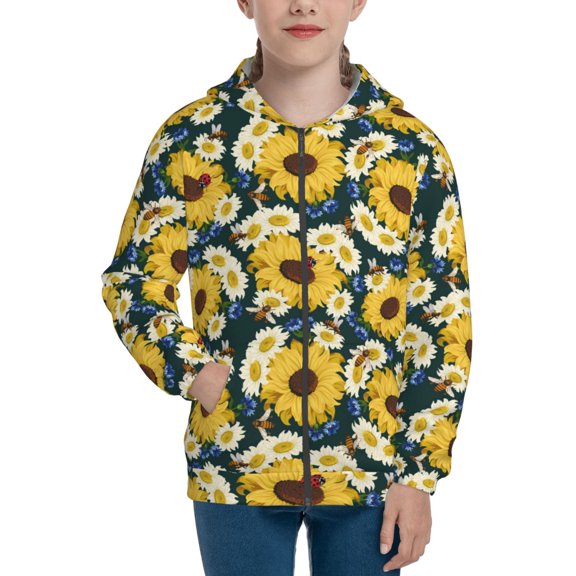 Picia Insects Of Flowers for Boys Fashion Full-zip Hoodies & Sweatshirts with Kangaroo Pocket,Zip-up Hooded Sweatshirt for Kid, Moisture Wicking & Breathable-Small