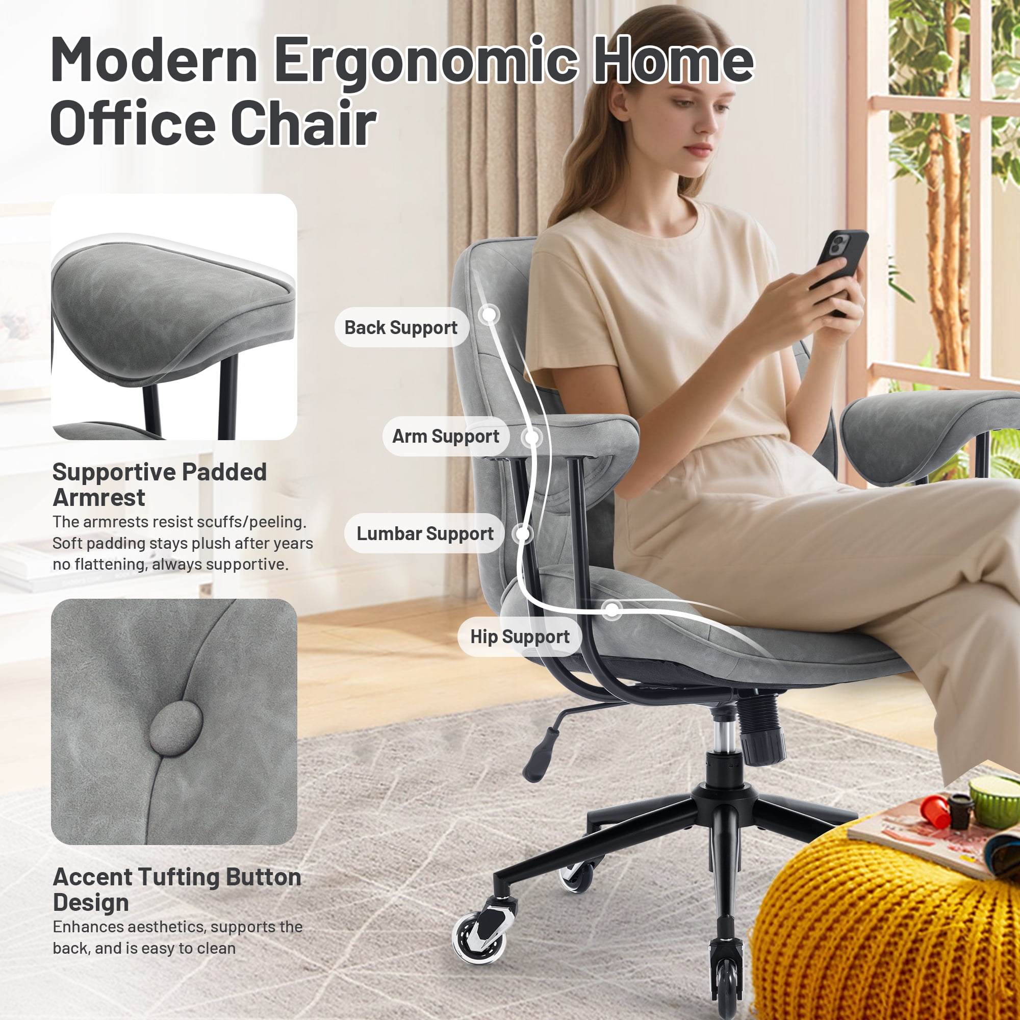 Mid Century Modern Office Desk Chair with Wheels and Arms, Mid Back Ergonomic Office Chair with Lumbar Support, Swivel Leather Computer Desk Chair for All Day Comfort