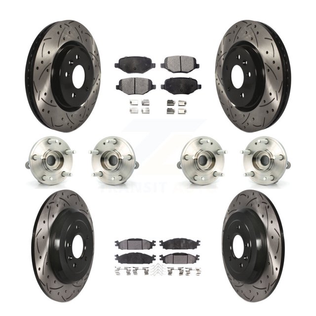 Transit Auto Front Rear Hub Bearings Assembly Coated Disc Brake Rotors and Semi-Metallic Pads Kit (10Pc) for Car Ford Explorer - Left Right Side (Driver Passenger) KBB-110841