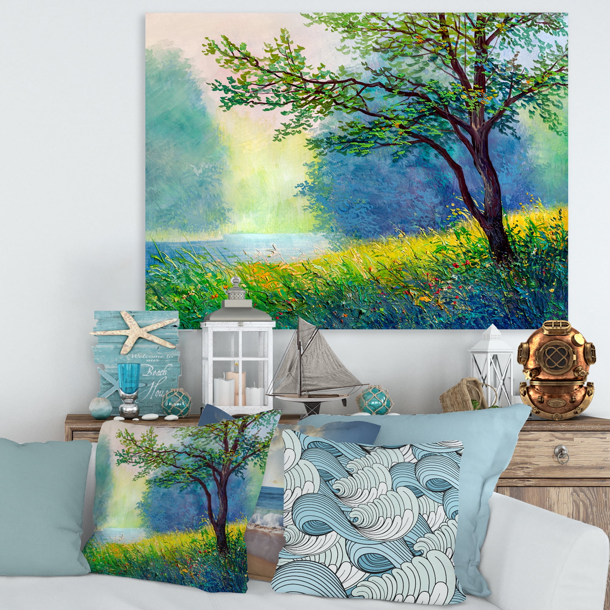 Designart ' Summer Forest With Waterfall and River ' Traditional Canvas Wall Art Print