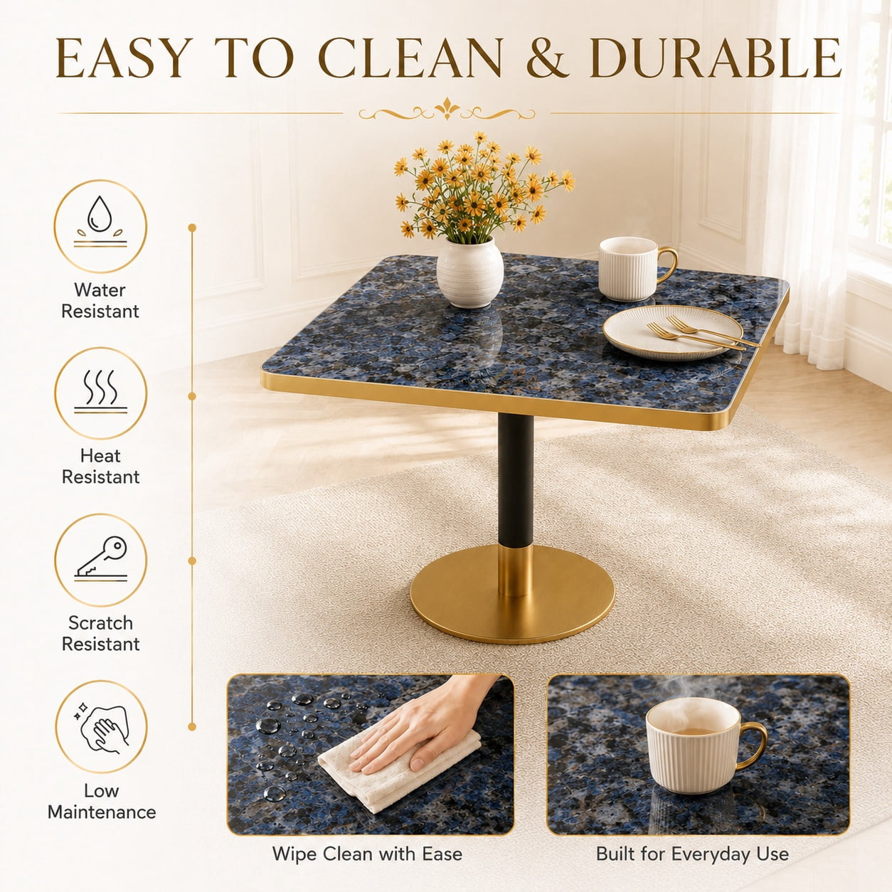 Aukfa 31.5" Square Dining Table for 2-4, Marble-Look Sintered Stone Top, Gold Pedestal Base, Small Spaces,Sapphire Blue