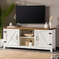 thumbnail image 3 of Farmhouse Barn Door TV Stand for TVs 65 inches and under with Exposed Metal Hinges, Living Room Wood Multimedia Furniture with Two Barn Doors and Storage, 58 inches, Oak+White, 3 of 6