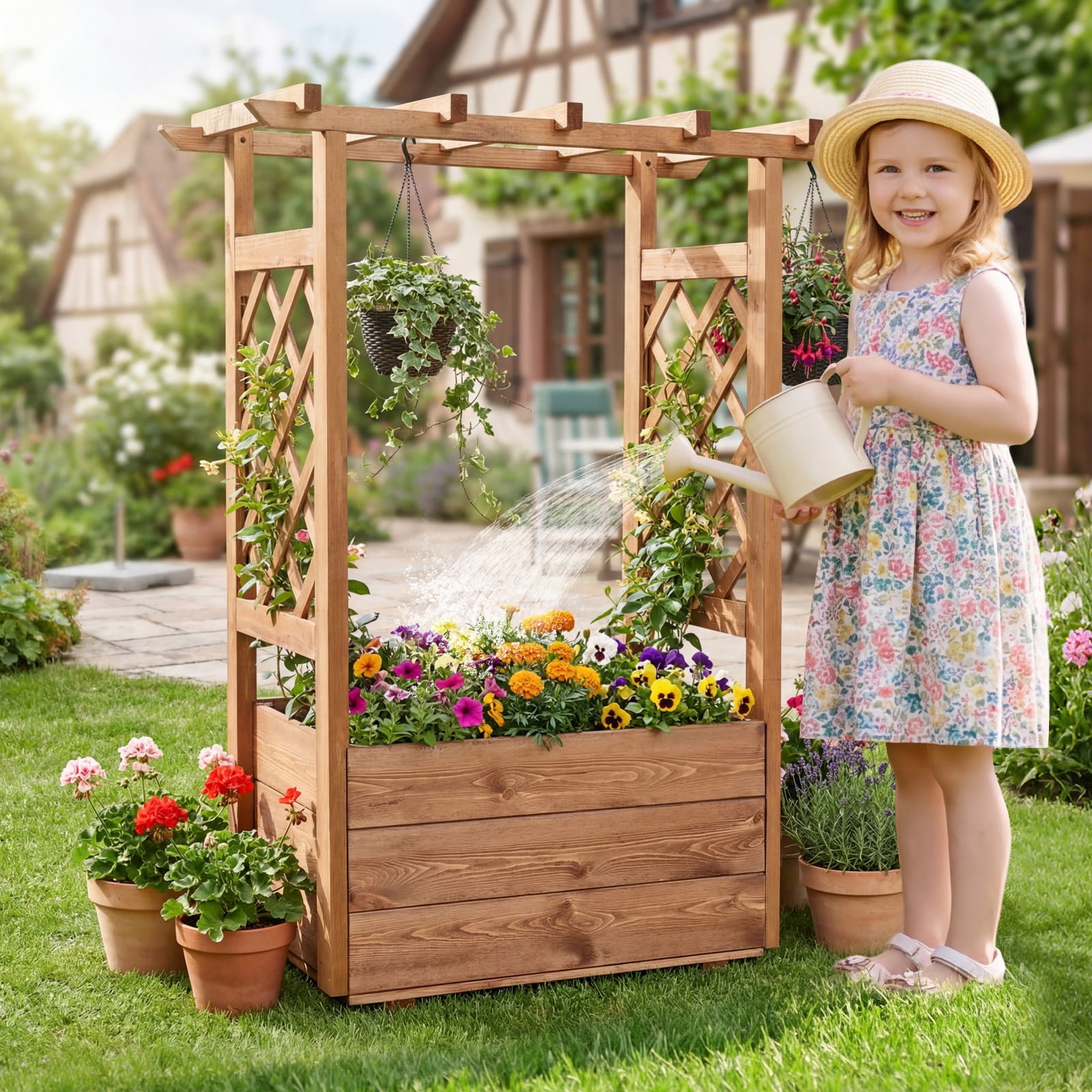 Gymax Wooden Raised Garden Bed/ Lattice Trellises Hanging Roof Drainage Indoor Outdoor