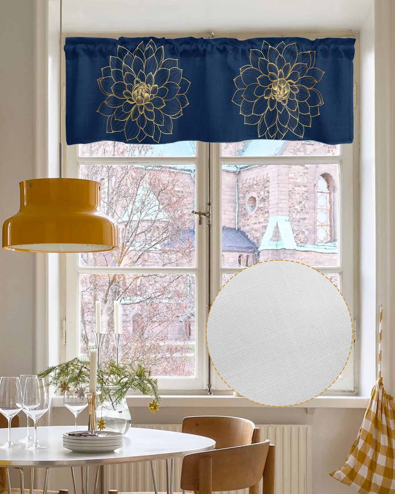 Navy Blue Yellow Spring Floral Kitchen Valances for Windows Farmhouse Linen Window Valance Curtain for Living Room Window Treatment Chic Blossoms Botanical Valance Rod Pocket Topper, 42 x 18 Inch