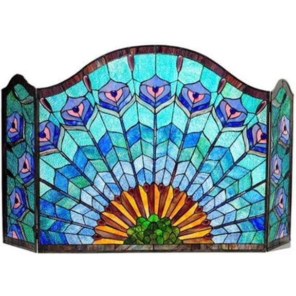 HomeStock Eclectic Elegance 3-Piece Folding Peacock Fireplace Screen with Stained Glass Panels, 48" Wide, Dark Antique Bronze Finish, Decorative and Sturdy Design