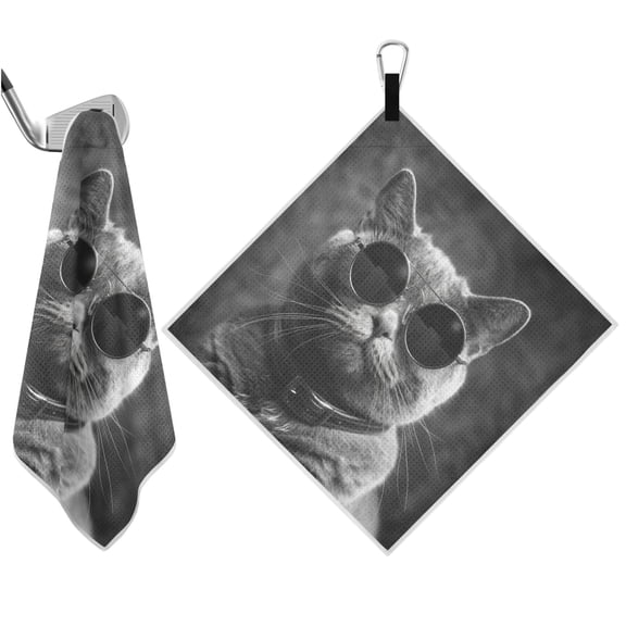 Haosy 2 Pack Magnetic Golf Towel Absorbent Microfiber Waffle Pattern Carabiner Clip Golf Towel 18" x 18", Cat with Glasses