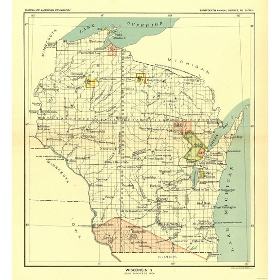Historic State Map - Wisconsin - Hoen 1896 - 23 x 25.13 - Vintage Wall Art