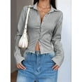 thumbnail image 5 of Women's Striped Button Down Crop Shirt Long Sleeve Fitted Blouse Work Shirt Top Grey XXL, 5 of 8