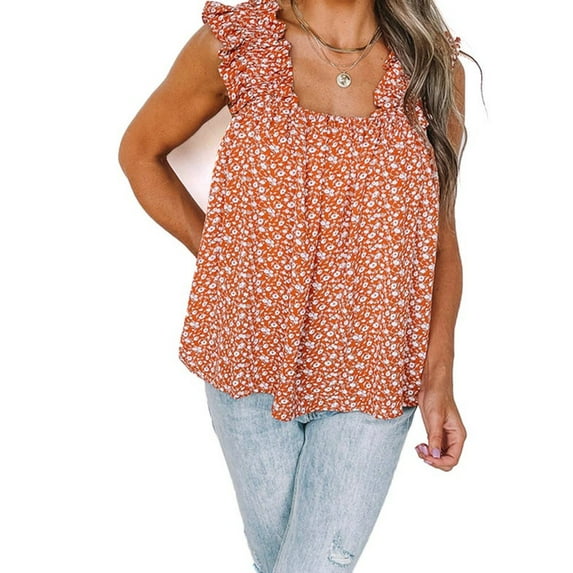 GORHGORH Women's Tank Cami Tops Sleeveless Summer Floral Ruffle Loose Leisure Shirt Blouse
