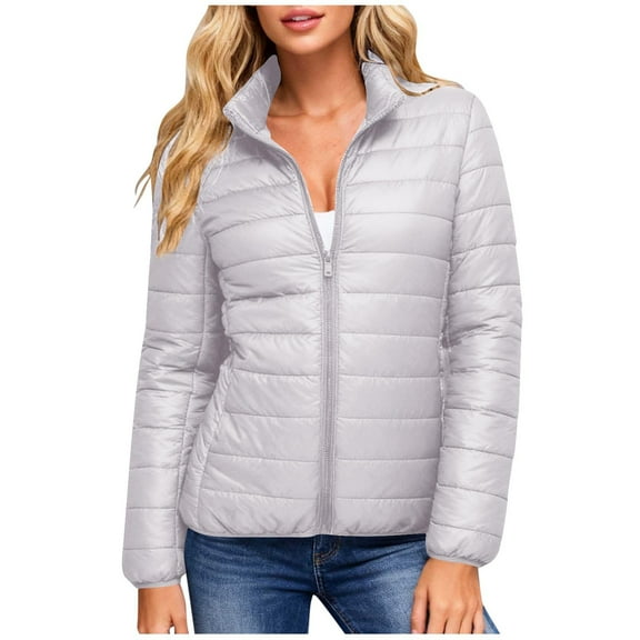 Hueook Puffer Jacket Womens Winter Jackets for Women Solid Color Double Pocket Zipper Stand Up Collar Long Sleeved Casual Fashion Parkas Gray XS