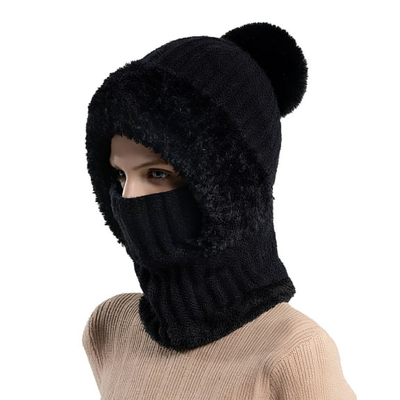 Amaopus Womens Knit Beanie Hat, Fleece Lined Winter Scarf Mask Set, Snow Caps Plush Earmuff Skull Hats with Pompom(Black)