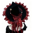 thumbnail image 2 of Handmade Witch Hat, Elevates Gothic Costume with Ruffled Bow, Wizard Accessory, Delicate Pearl Details and Soft Comfortable Fabric for Halloween Party, Gothic Photoshoot, and Carnival Dress-Up., 2 of 6