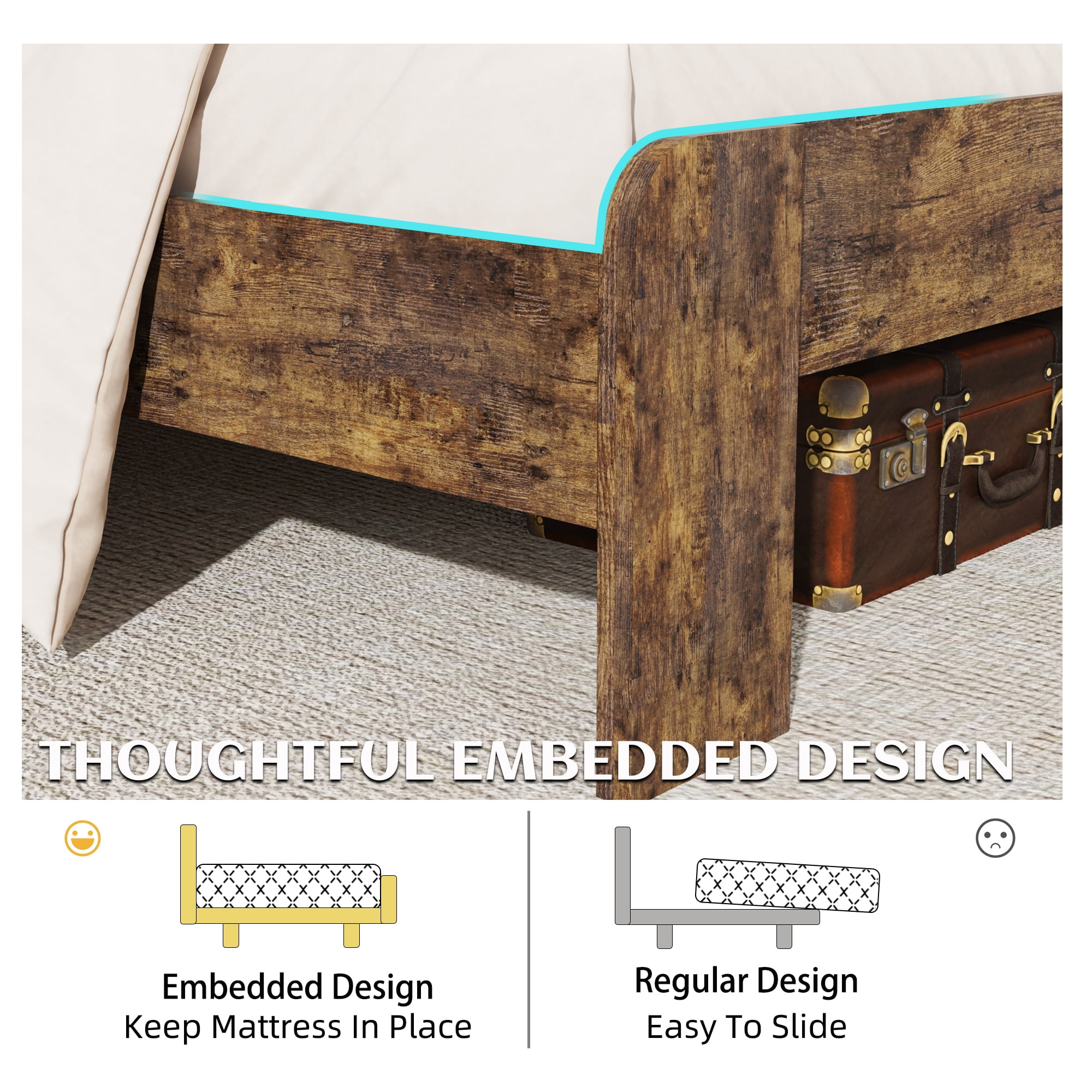 Wooden Queen Size Bed Frame with Storage Headboard, Rustic Farmhouse Platform Bed with Charging Station and LED Lights, No Box Spring Needed, Noise-Free, Easy Assembly, Brown