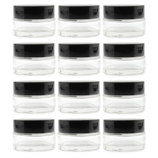 Botes de bálsamo Cornucopia de vidrio transparente de 15 ml (paquete de 12) con tapa negra