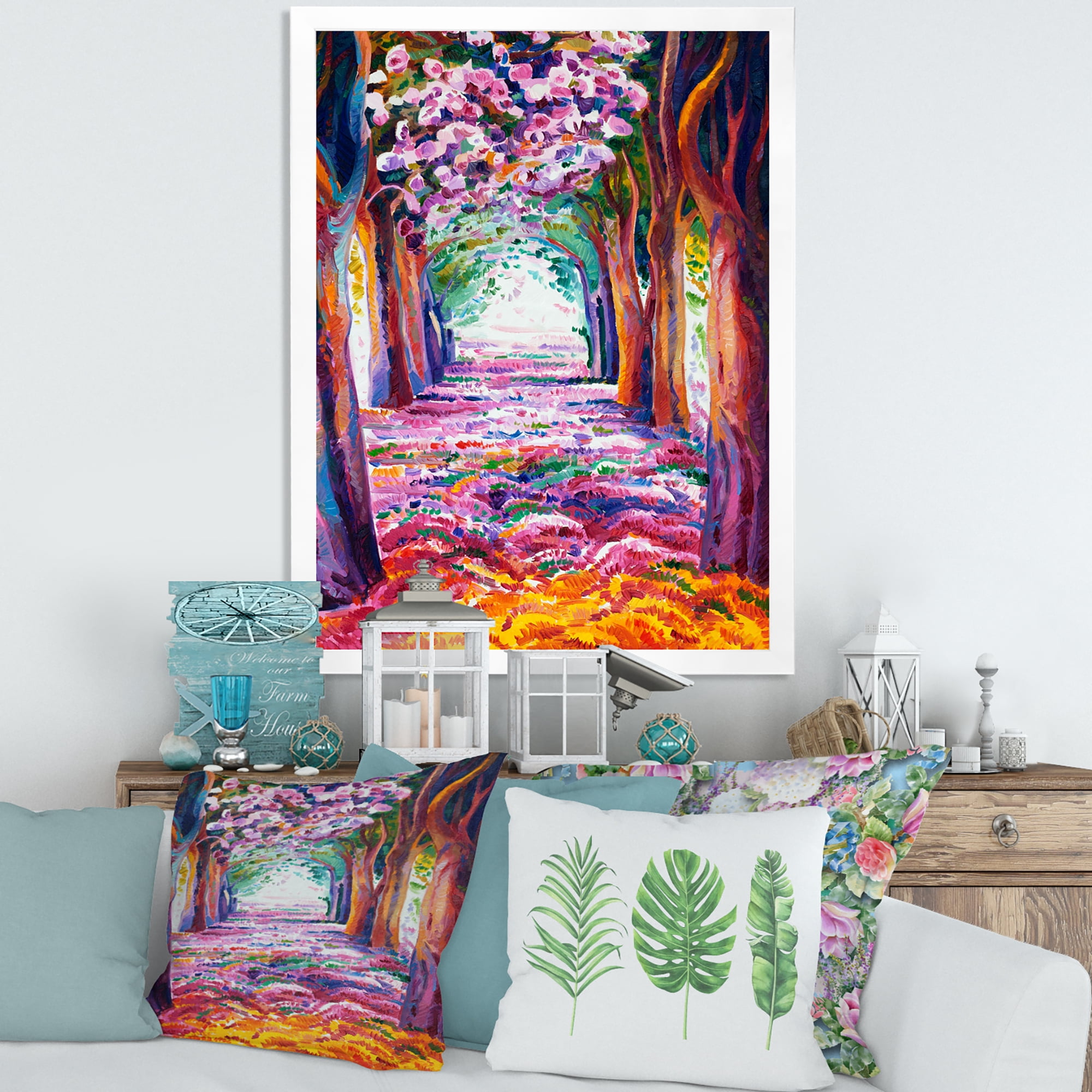 Pink Flowering Colorful Spring Forest 12 in x 20 in Framed Painting Canvas Art Print, by Designart