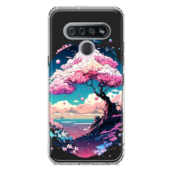 MUNDAZE LG K51 Shockproof Clear Hybrid Protective Phone Case Kawaii Manga Pink Cherry Blossom Japanese Sky Floral Ocean Cover