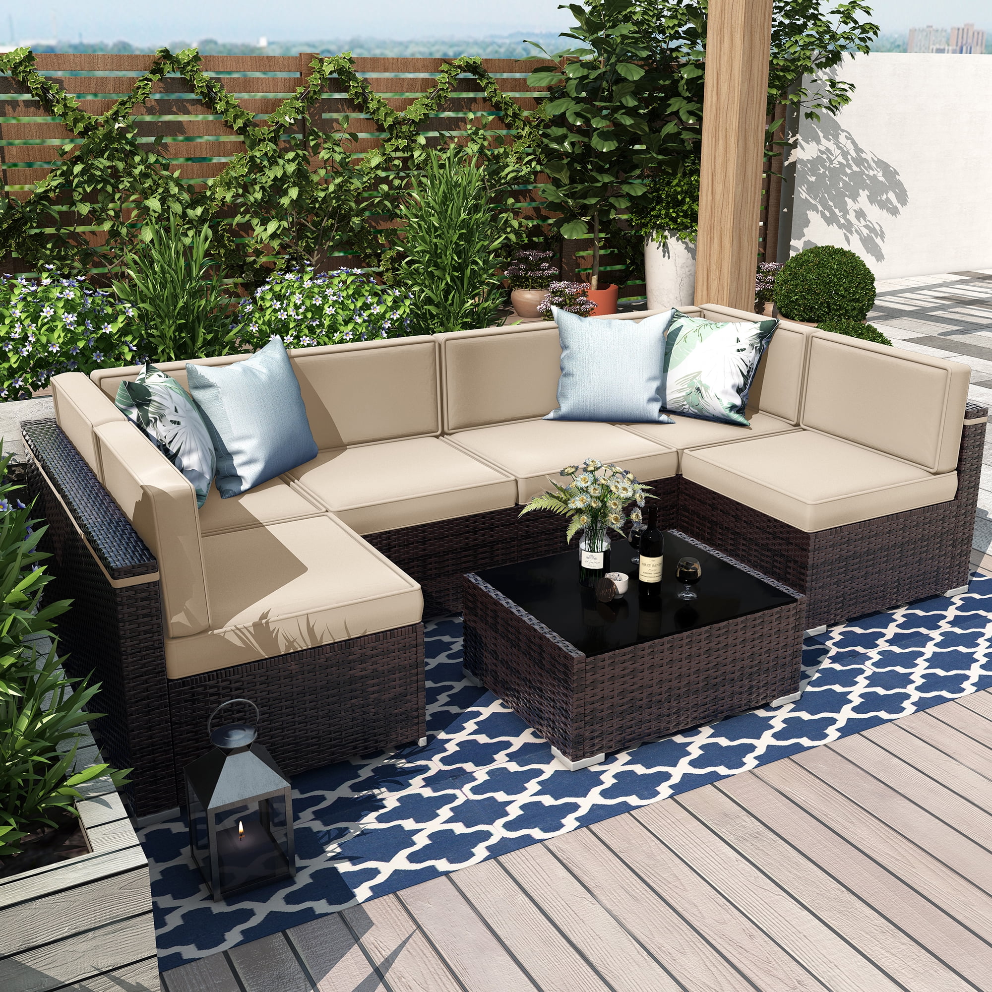 Sunny Hill 7 Metal Sectional Outdoor Conversation Sets with Chair and Table, Brown/Beige