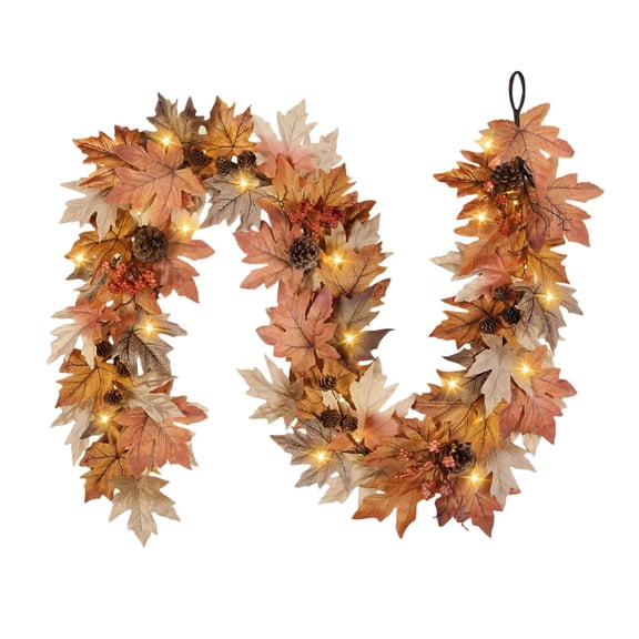 Fall Leaf Garland with 30 LED Lights - 6ft Realistic Maple Vine with Berries Cones & Auto Timer for Thanksgiving Mantle & Door Decor