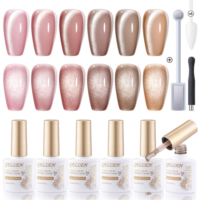 Gellen Kit de Esmalte de Uñas de Gel de Ojo de Gato, 6 Colores Brillantes, Esmalte de Gel de Ojo de Gato Rosado con Imán, Kit de Gel de Uñas UV/LED, Regalos de San Valentín para Mujer