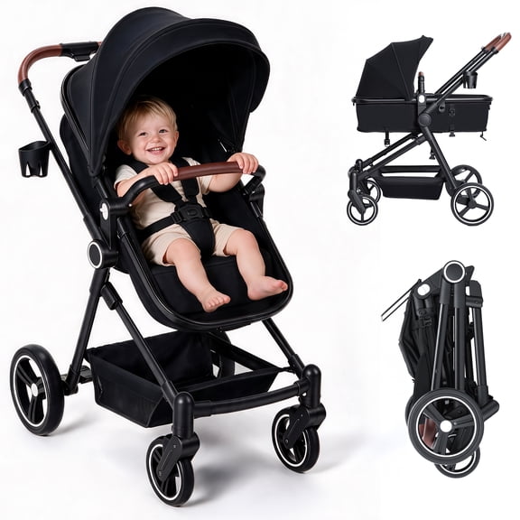 COOSEYA 2-in-1 Convertible Baby Stroller with Convertible Seat, Foldable Pram Stroller with Adjustable Backrest/Canopy& Cup Holder, for 0-48 Months