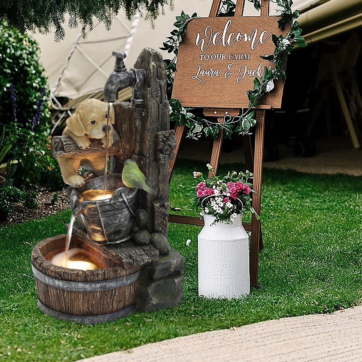 LuxenHome Outdoor Water Fountain, 25 Inch Whimsical Puppy Dog Resin Water Fountains Indoor with LED Lights