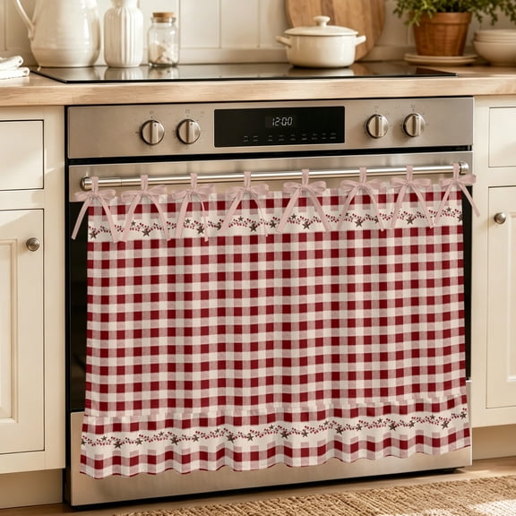 Oven Skirt Curtain for Kitchen 21.5x30 Inch, Country Star Plaid Oven Curtain with 8 Ribbon Ties & Ruffle Trim, Stove Skirt Curtain Dishwasher for Cabinets Sinks Retro Red American Farm Barn Berry