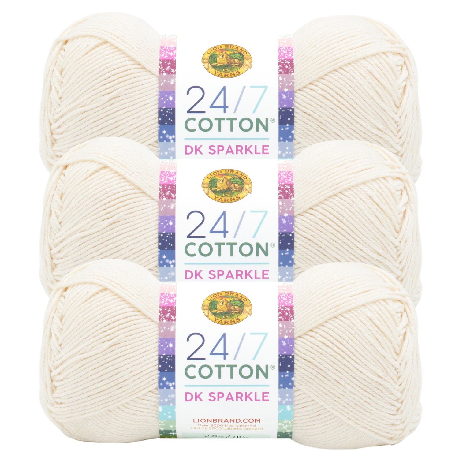 Lion Brand 24/7 Cotton® DK Yarn #3 Light/DK weight 100g/273m 3-Pack
