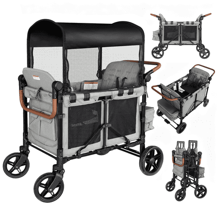 TouHeart Wagon Stroller for 4 Kids with Canopy, Removable Seats, 5-Point Harness, Gray