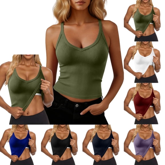 Byworldtasic Womens Ribbed Tank Tops with Built in Shelf Bra Sleeveless V Neck Knit Camisole Basic Slim Tanks