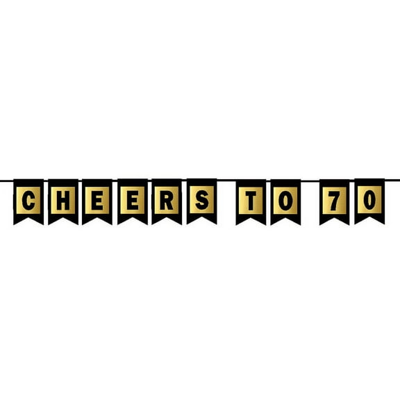 Cheers 70th Brithday Anniversary Black & Mettalic Gold Handing Party Wall Decoration Bunting Banner