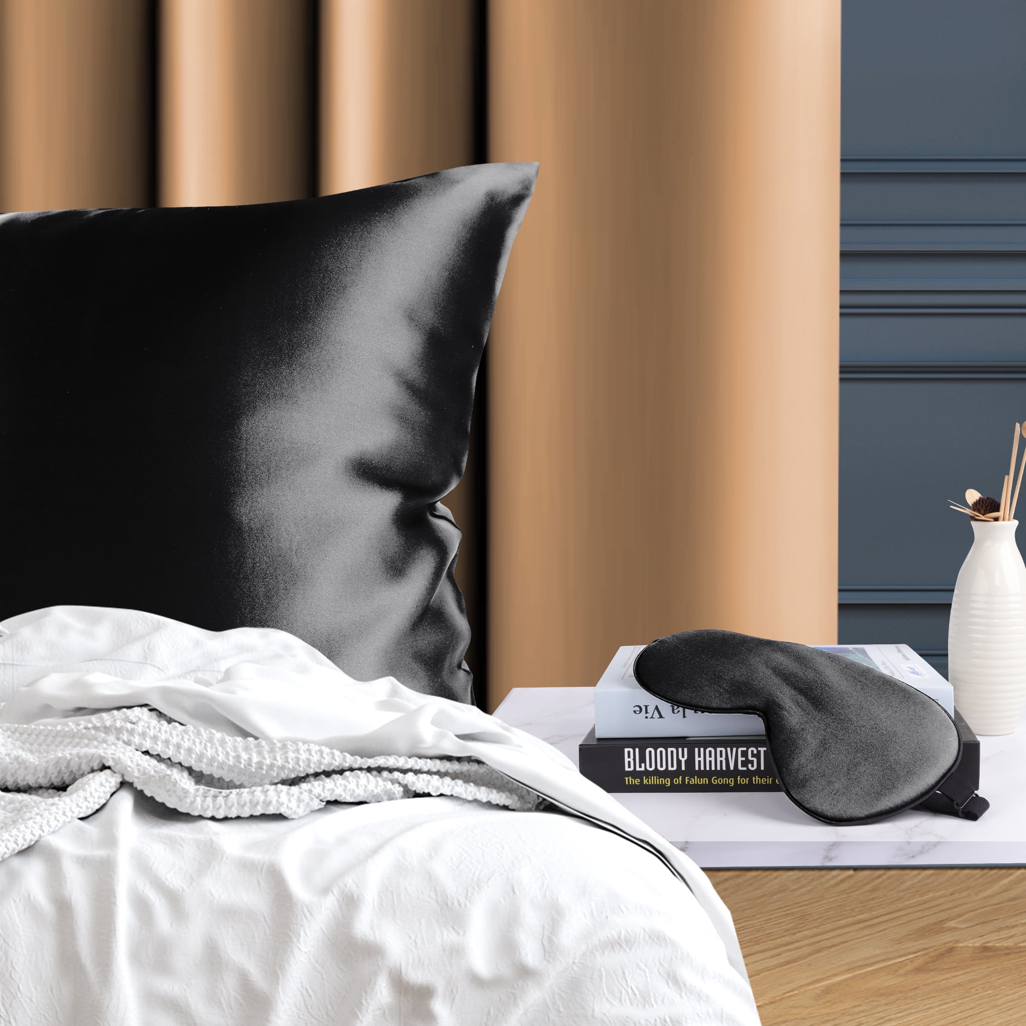 PiccoCasa 19 Momme Silk Pillowcase with Eye Cover Set Queen Black