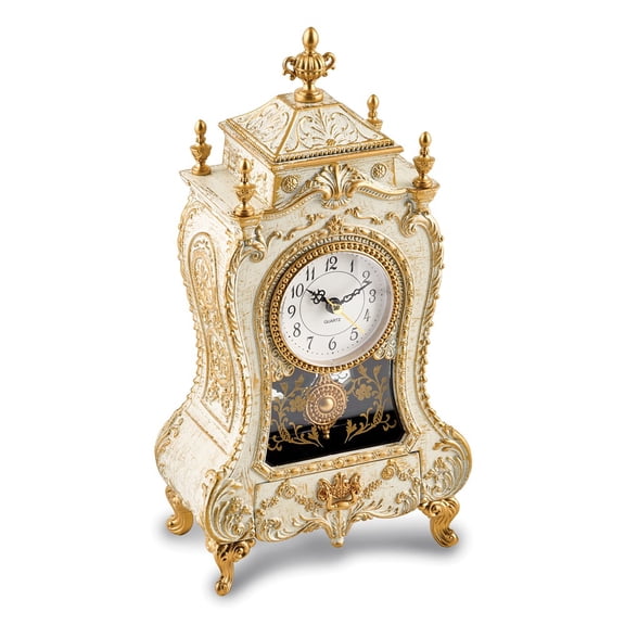 Antiqued White and Gold-tone Accent Musical Mantel Clock with Drawer (Plays Magic Flute)