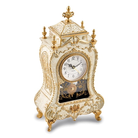 Antiqued White and Gold tone Accent Musical Mantel Clock with Drawer (Plays Magic Flute) photo Antiqued White and Gold tone Accent Musical Mantel Clock with Drawer (Plays Magic Flute)