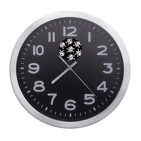 Wall Clock Home Decor or for a Patio/RV/Game Room 10" Round Silver Edge with a Black Face Featuring Your Choice of a Skull or Zombie Themed Vinyl Decal - FREE Battery Included (Skulls with Pink Bows)