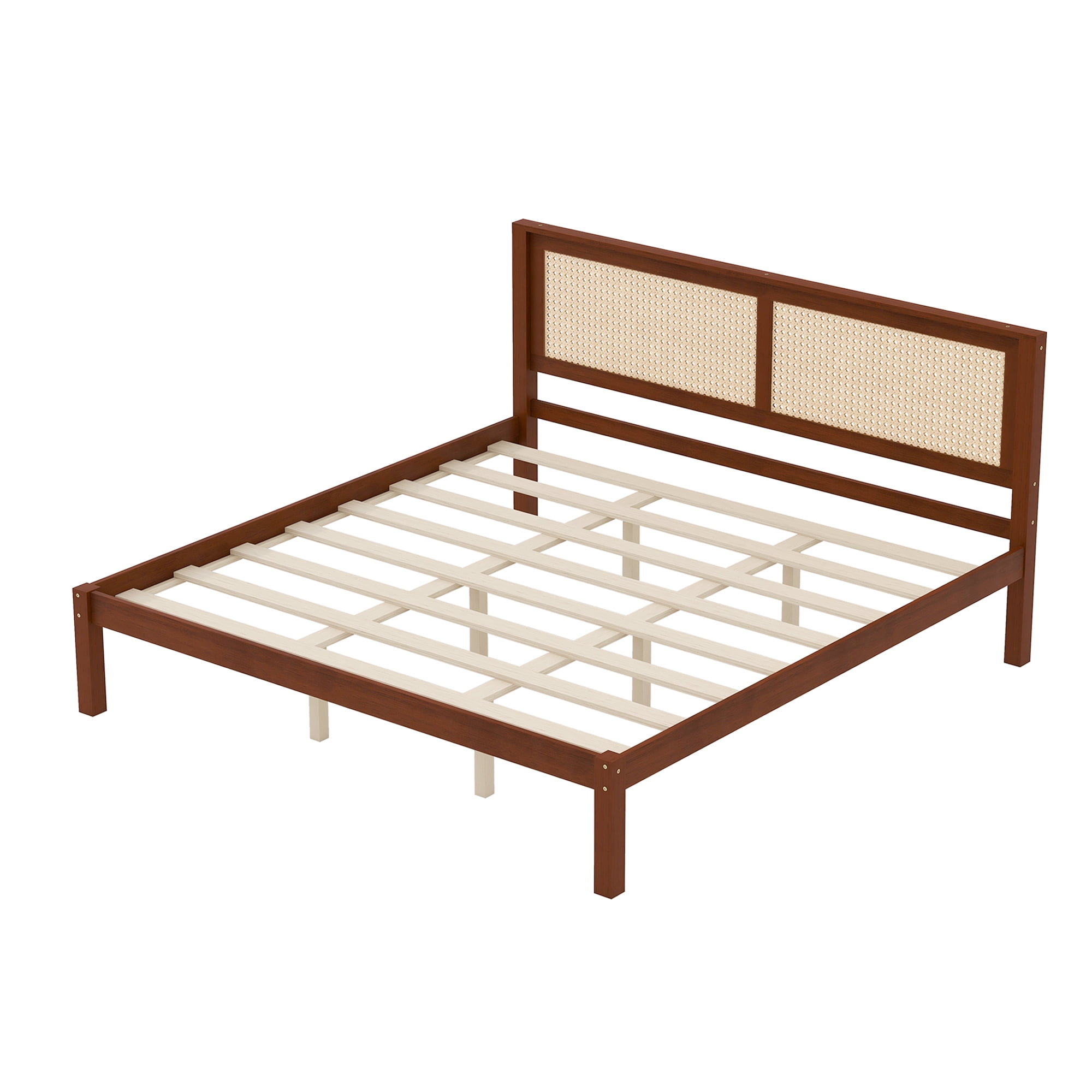 King Bed Frame with Rattan Headboard, Solid Wood Platform Bed and Farmhouse Boho Bed Frame with Under-Bed Storage for Bedroom, Walnut Finish