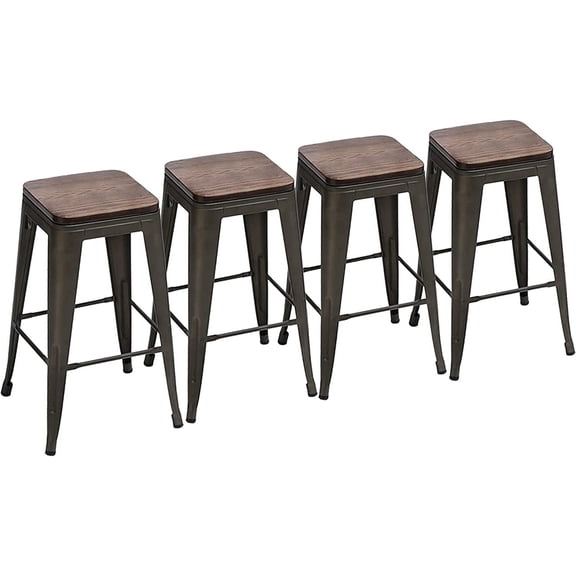 30" Metal Bar Stools Set of 4 Stackable Backless Barstools Bar Height Stools with Wooden Top Gunmetal