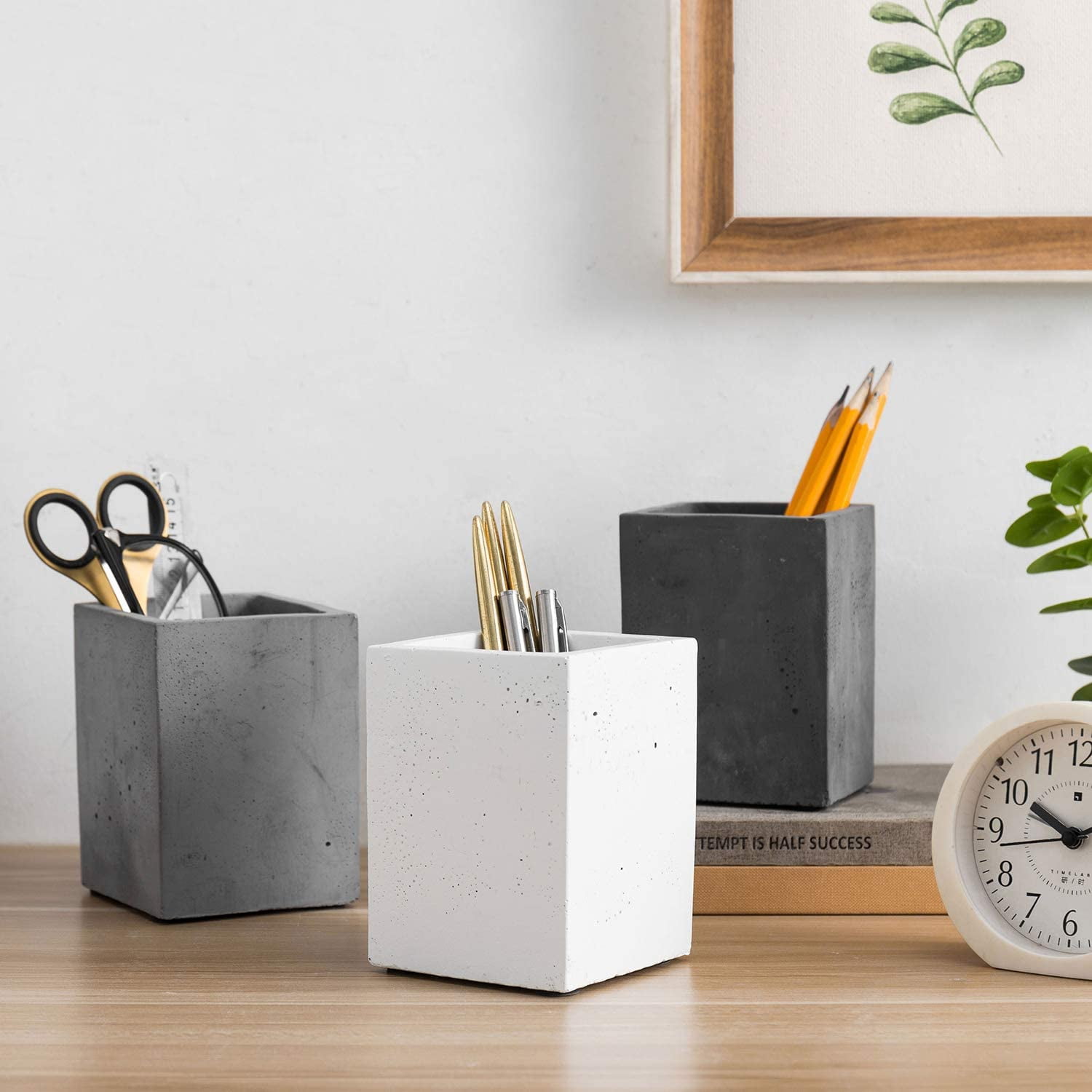 MyGift Modern Gray Concrete Cylinder Desktop Pen Holder Pencil Cup and Office Stationery Supplies Storage Organizer Holder in Monochrome Colors, Set